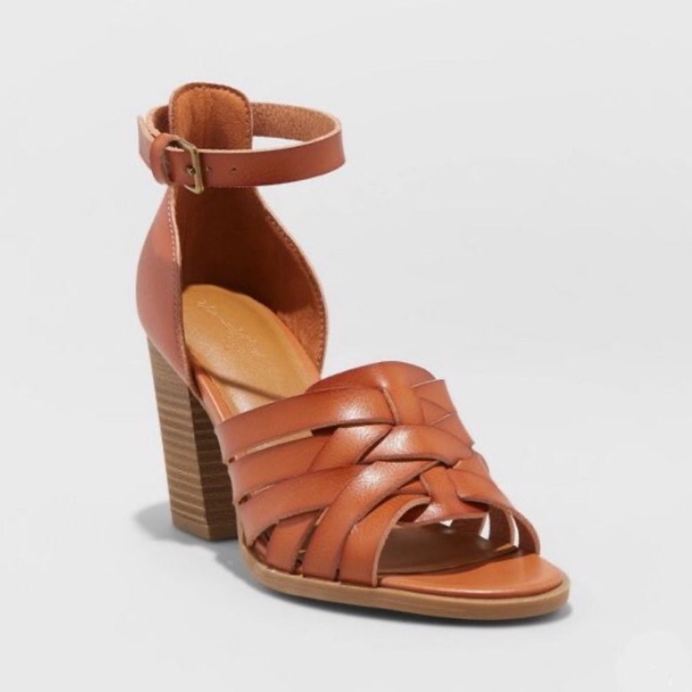 Cognac Faux Leather Stacked Heels/Sandals, NWT